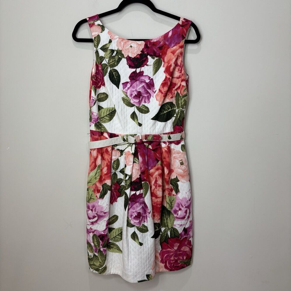 Eliza J Floral Jacquard Fit & Flare Dress 6 Pink Rose Belted Cottage Wedding